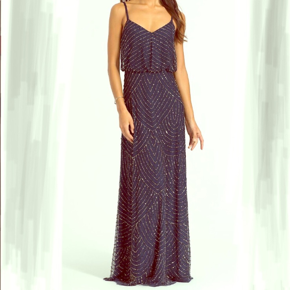 Adrianna Papell navy blue beaded formal gown